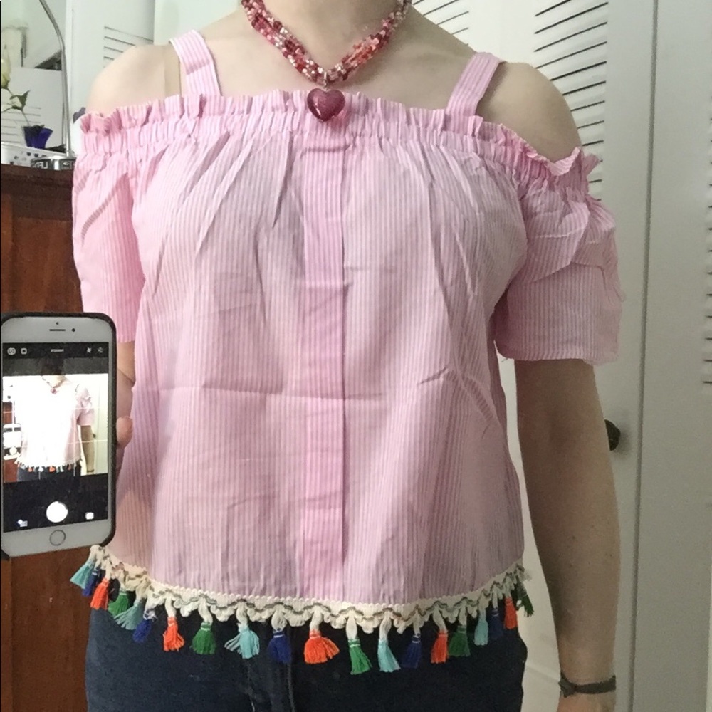 Pink White Off Shoulder Top - Picture 7 of 10